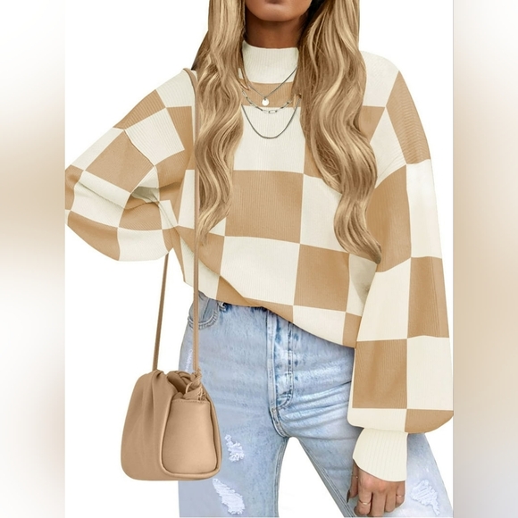 Sweaters - MOSHU Oversized Sweaters for Women Drop Shoulder Plaid Colorblock Tops